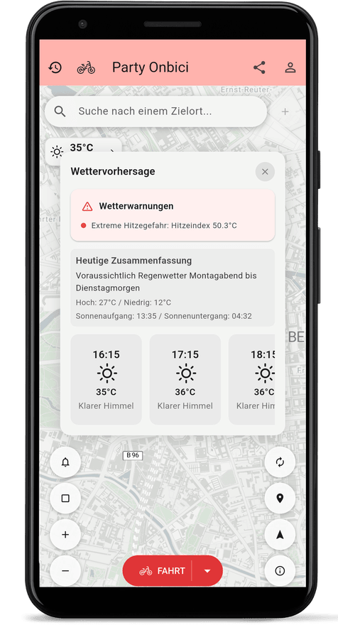 App-Bildschirm mit der Wettervorhersage für die Route
