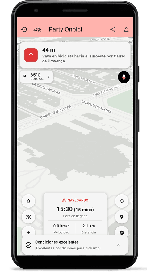 Pantalla de navegación giro a giro de la app