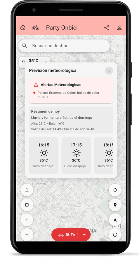 Pantalla de la app con la previsión meteorológica para la ruta