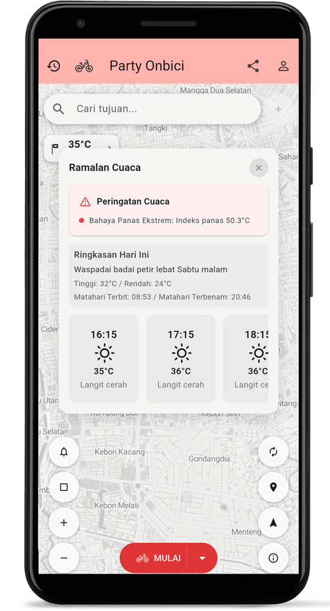 Layar aplikasi dengan prakiraan cuaca untuk rute