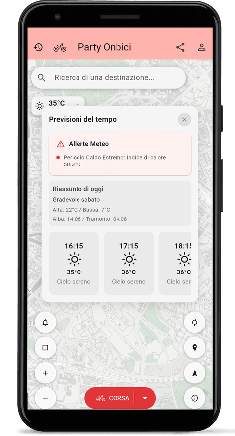 Schermata dell'app con le previsioni meteo per il percorso