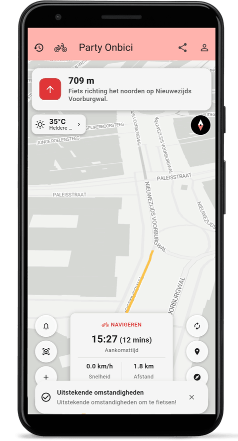 App-scherm met bocht-voor-bocht-navigatie
