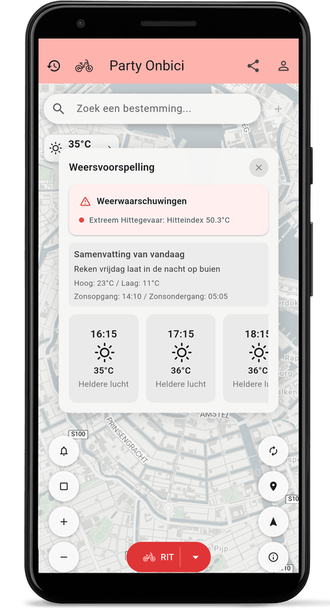 App-scherm met de weersverwachting voor de route