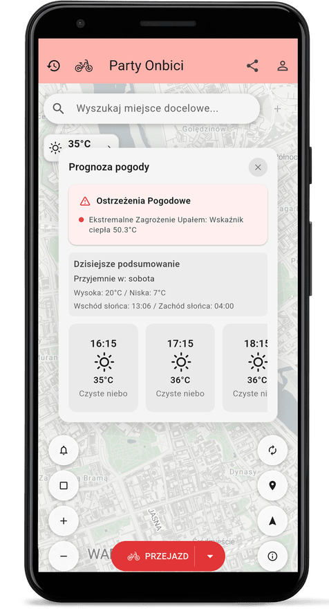 Ekran aplikacji z prognozą pogody dla trasy
