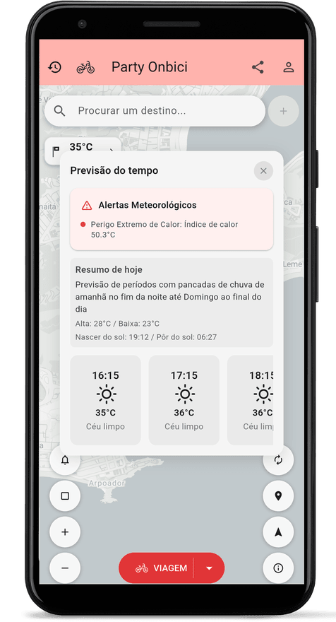 Tela do app com a previsão do tempo para a rota