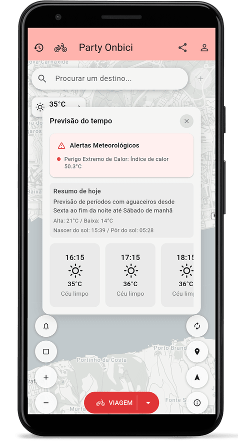 Ecrã da aplicação com a previsão meteorológica para a rota