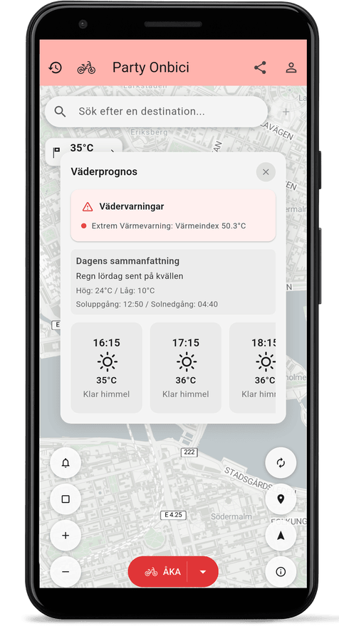 Appens skärm med väderprognosen för rutten