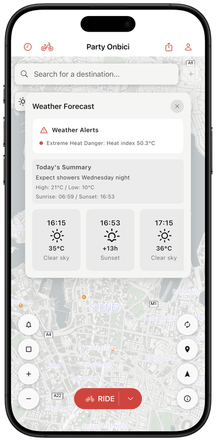 App weather-forecast screen for the route