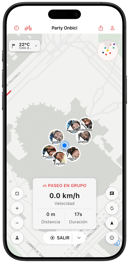 Ubicaciones de los ciclistas en directo en el mapa del grupo