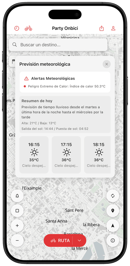 Pantalla de la app con la previsión meteorológica para la ruta