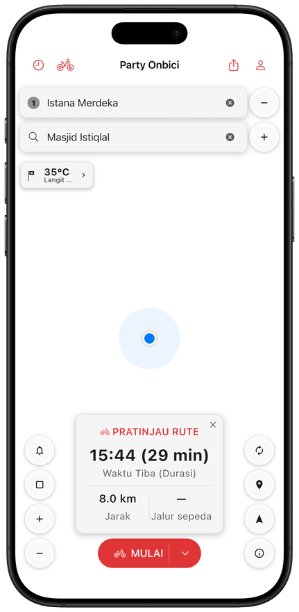 Layar navigasi belok demi belok aplikasi