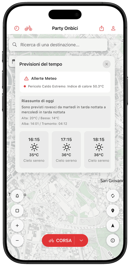 Schermata dell'app con le previsioni meteo per il percorso
