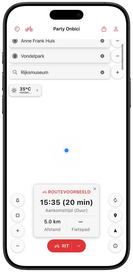 App-scherm met bocht-voor-bocht-navigatie