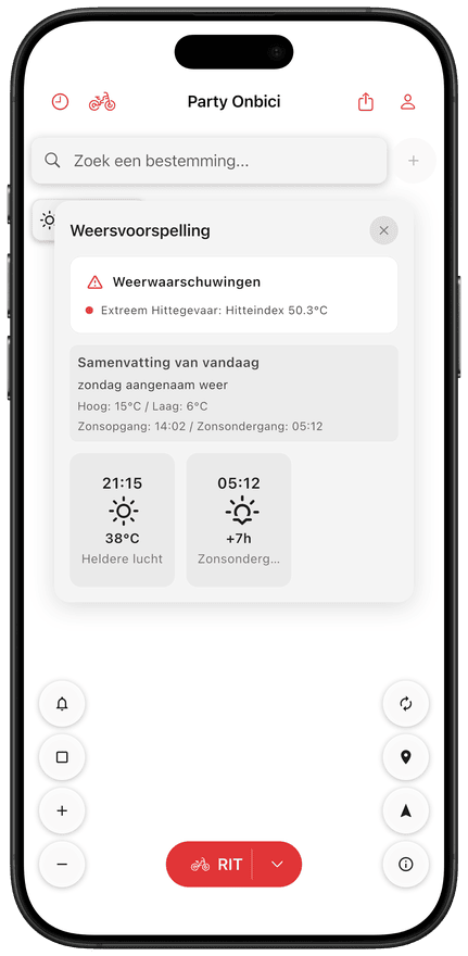 App-scherm met de weersverwachting voor de route