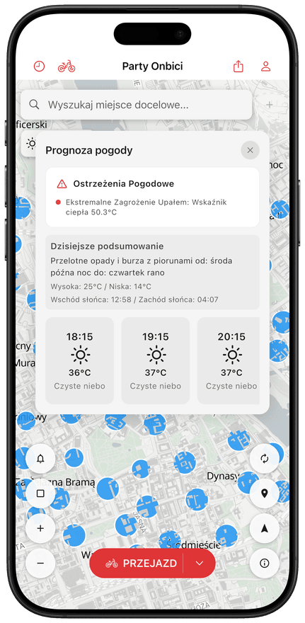 Ekran aplikacji z prognozą pogody dla trasy
