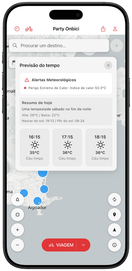 Tela do app com a previsão do tempo para a rota