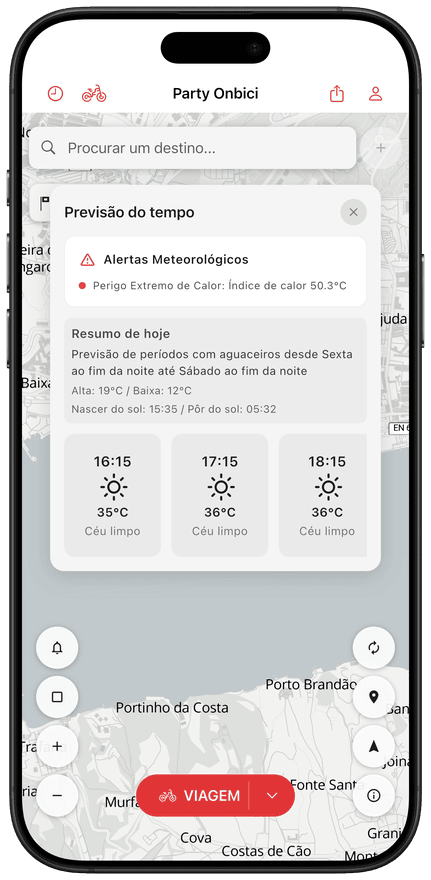 Ecrã da aplicação com a previsão meteorológica para a rota