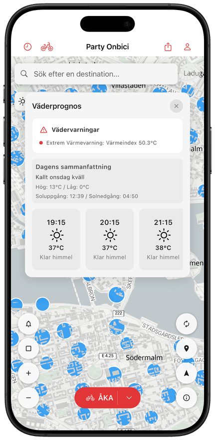 Appens skärm med väderprognosen för rutten