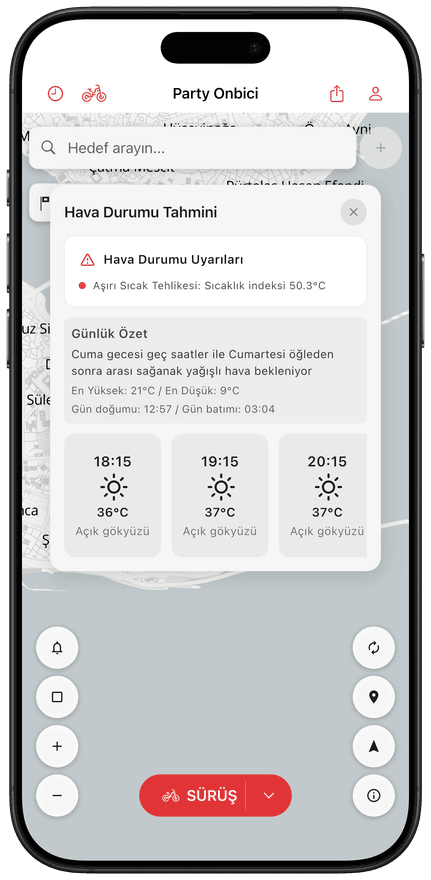 Rota için hava durumu tahminini gösteren uygulama ekranı