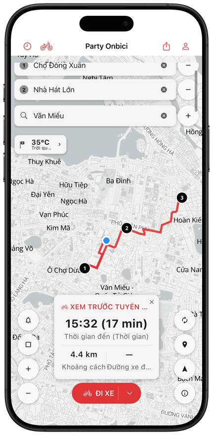 Màn hình dẫn đường theo từng chặng rẽ của ứng dụng